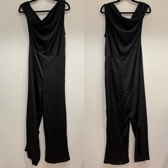 NWOT Lulus Babe Energy Black Satin One-Shoulder Wide-Leg Jumpsuit - Picture 5 of 10
